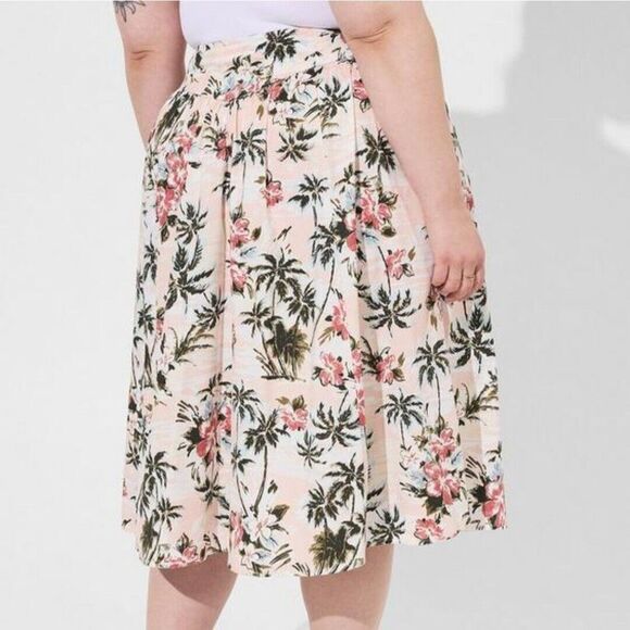 Torrid Plus Size 14 Midi Poplin High Waist Skirt, Tropic Palm Trees - Picture 3 of 6